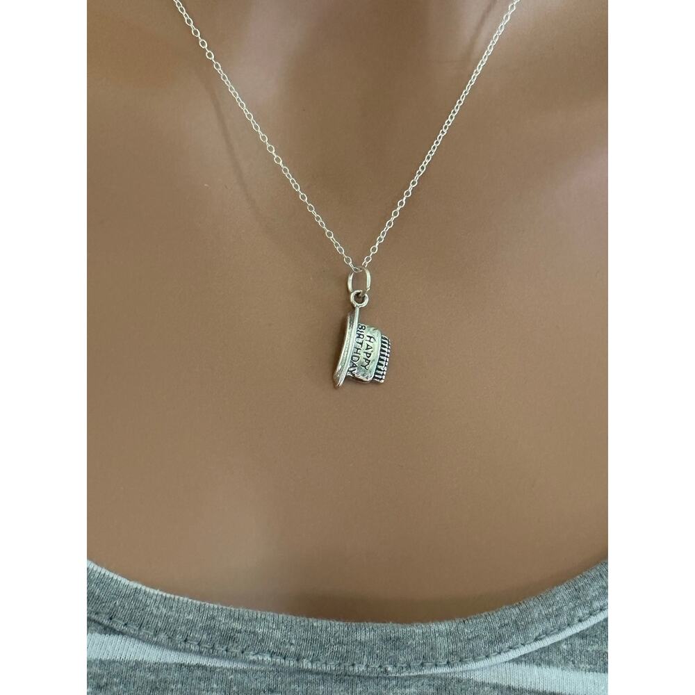 Sterling Silver Happy Birthday Cake Necklace,Silver Happy Birthday Cake Necklace
